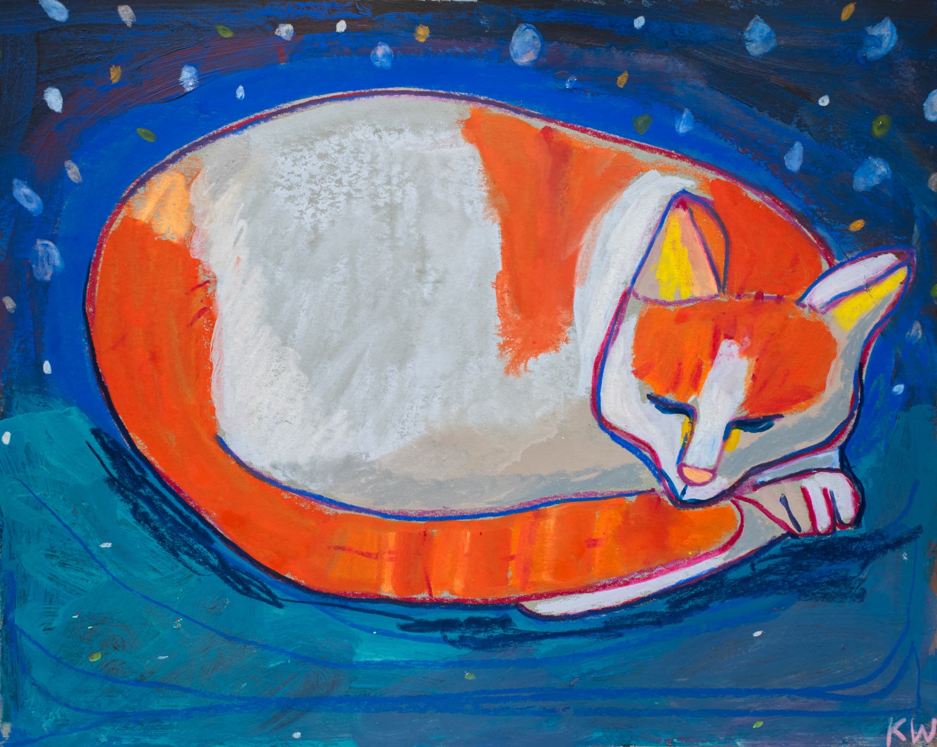 Snoozing Samson, original oil pastel cat art by Karin Winter.