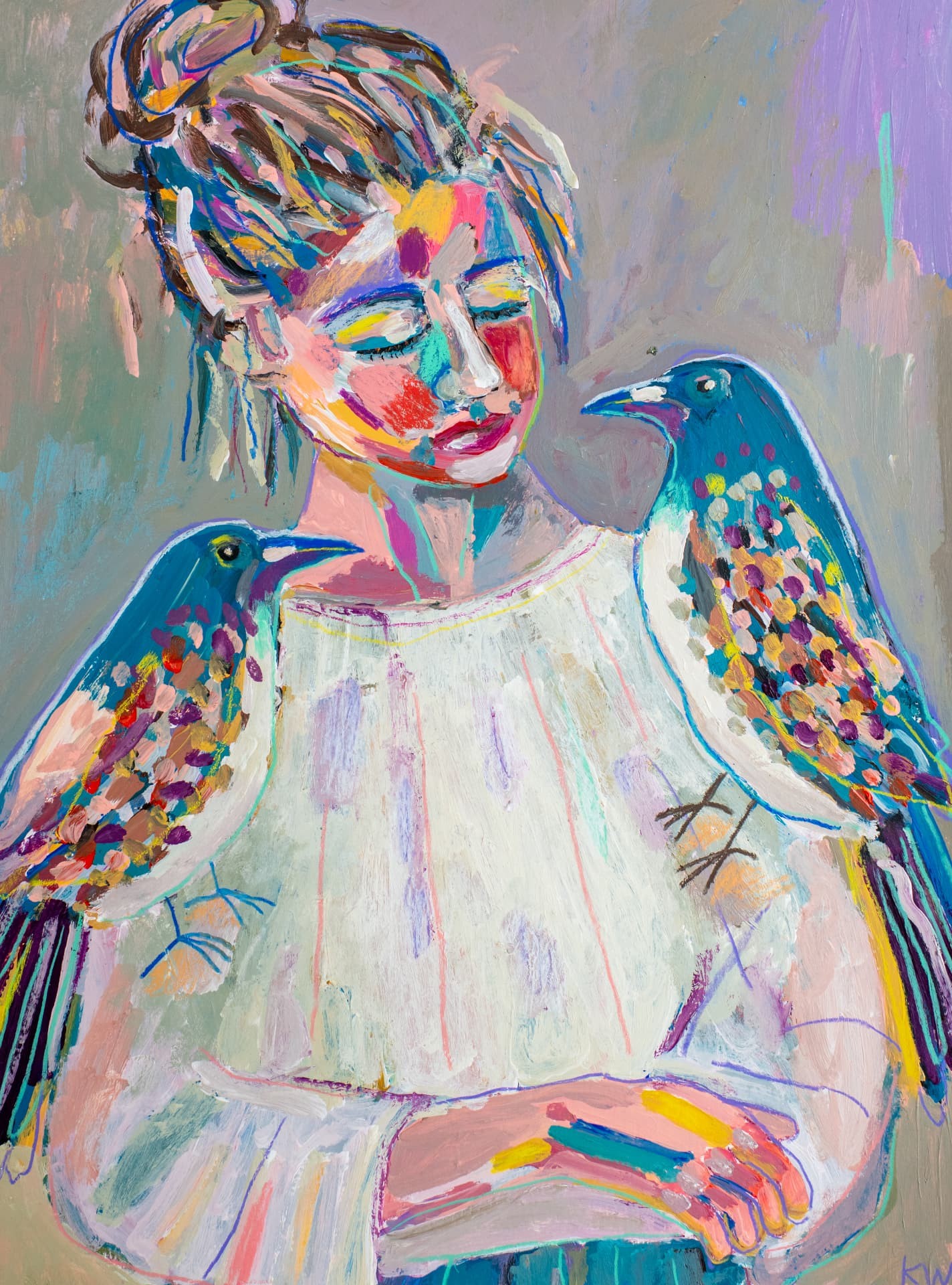 Magpie Shoulders, large original acrylic portrait painting by Karin Winter.