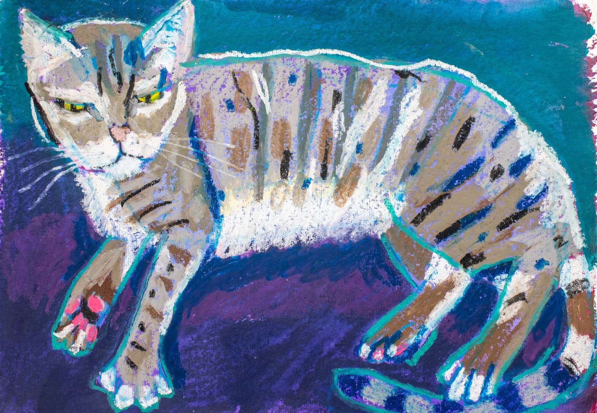 Lounging Chloe, original oil pastel cat art by Karin Winter.