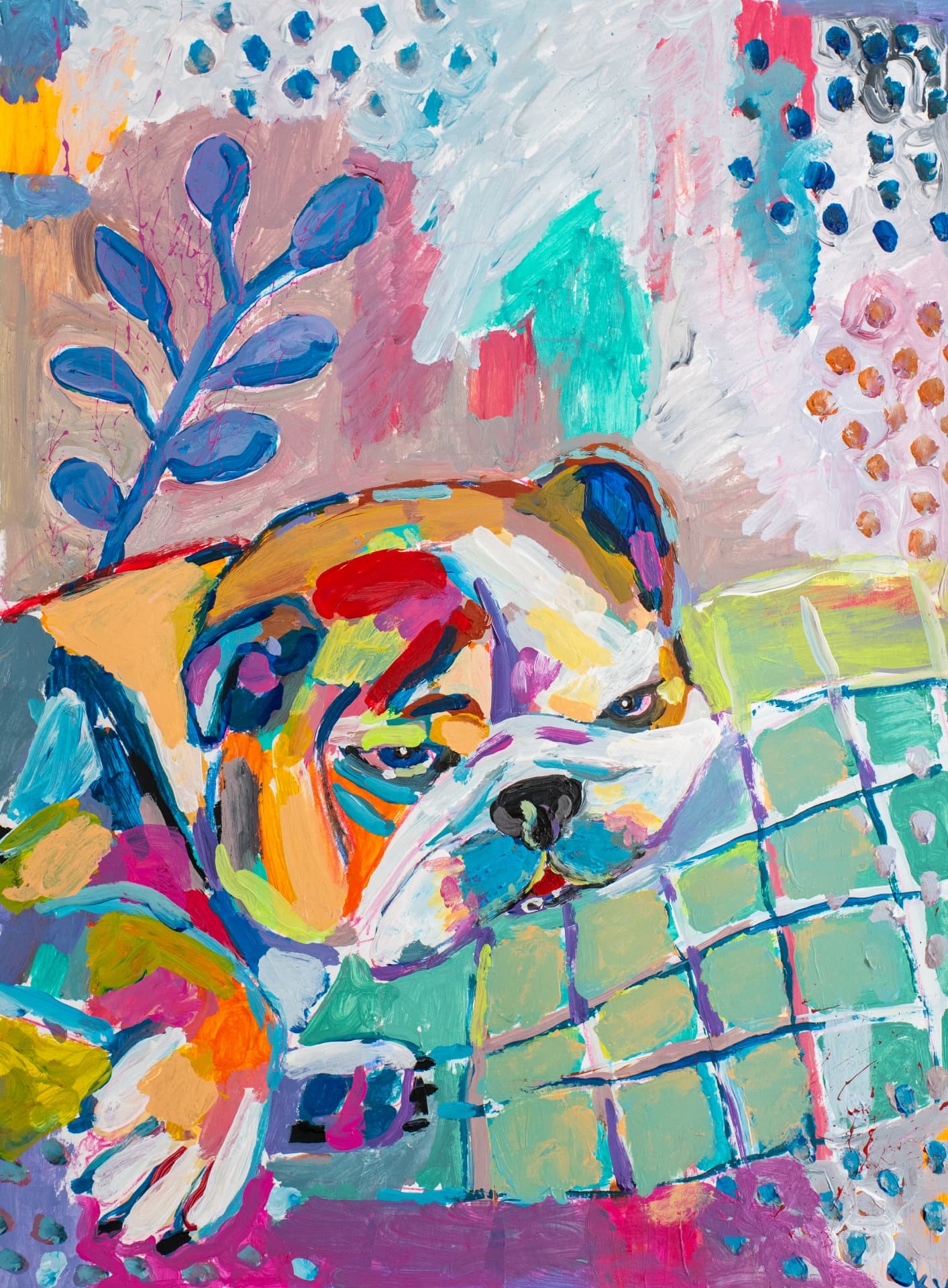 Bulldog Daydream, large original acrylic portrait painting by Karin Winter.