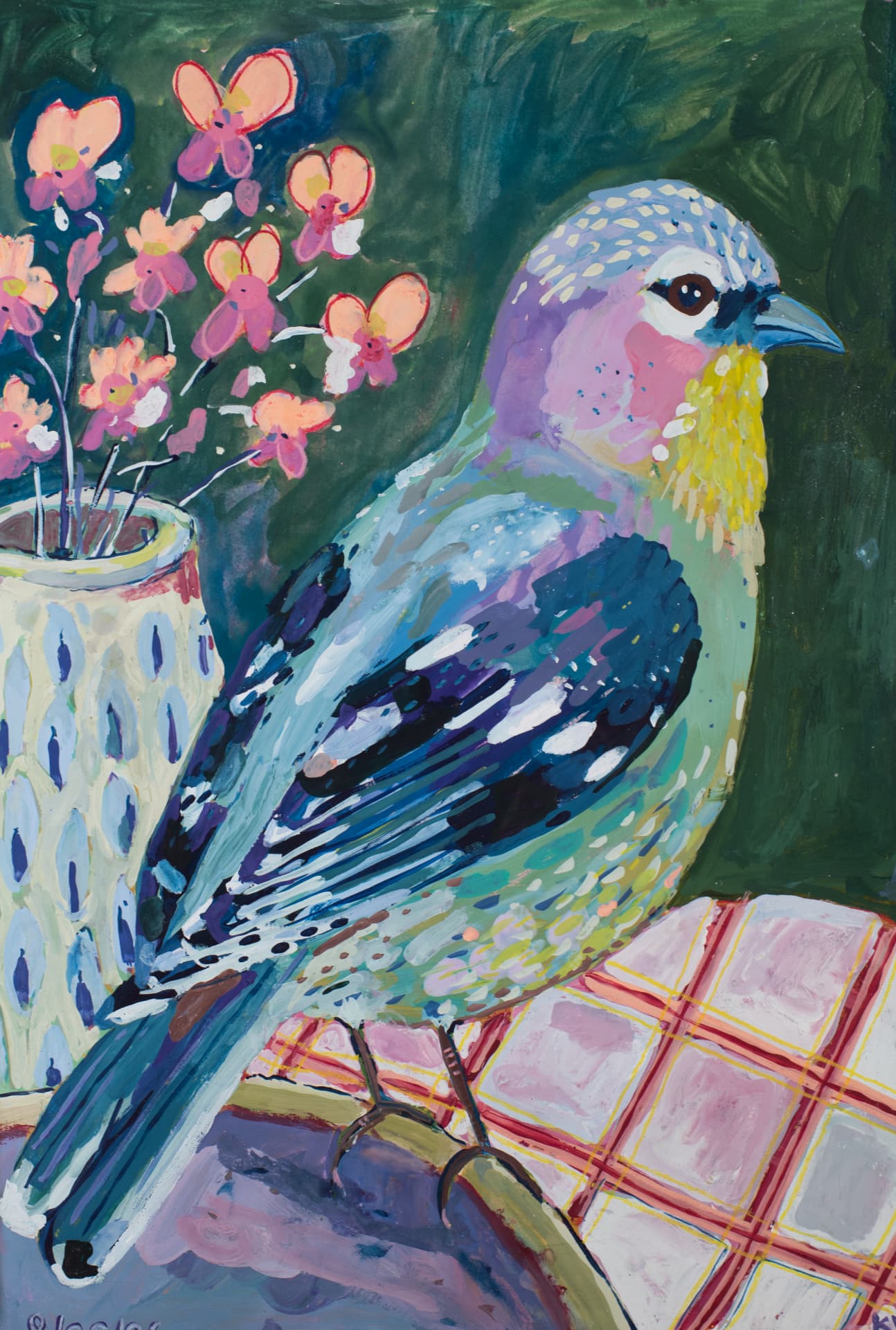 Gouache bird surrounded by flowers and patterned objects.
