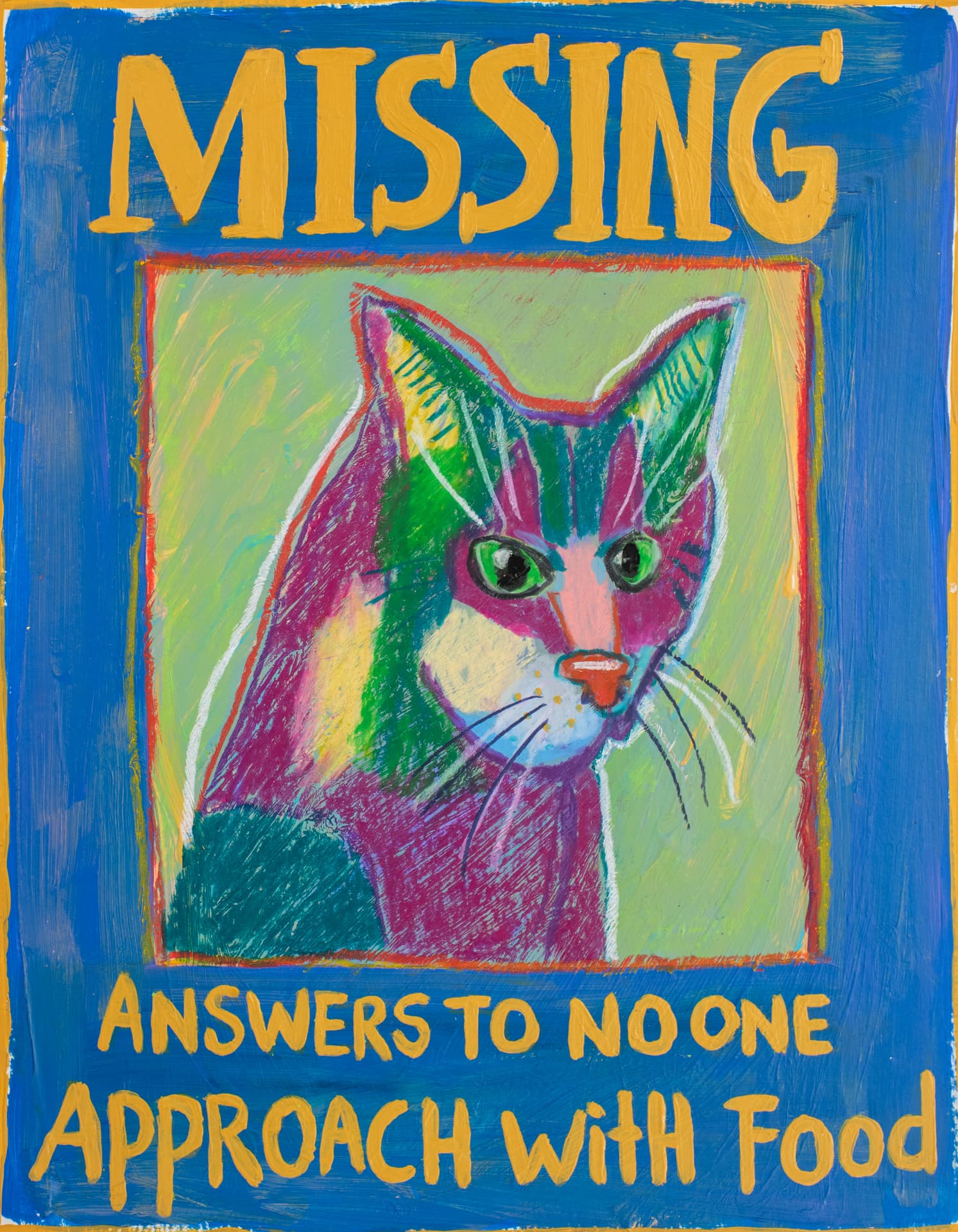 Answers-to-No-One Agnes, original oil pastel cat art by Karin Winter.