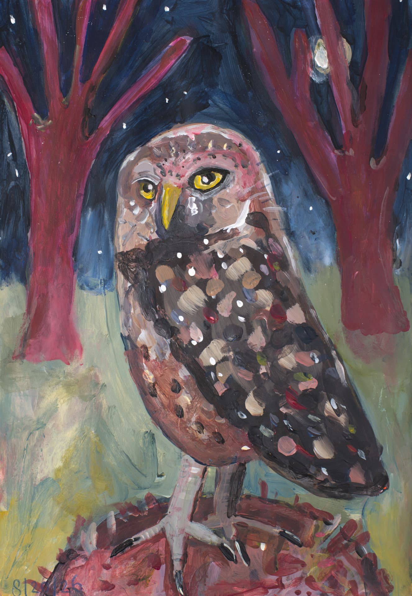 Owl under Red Trees, original acrylic owl art by Karin Winter.