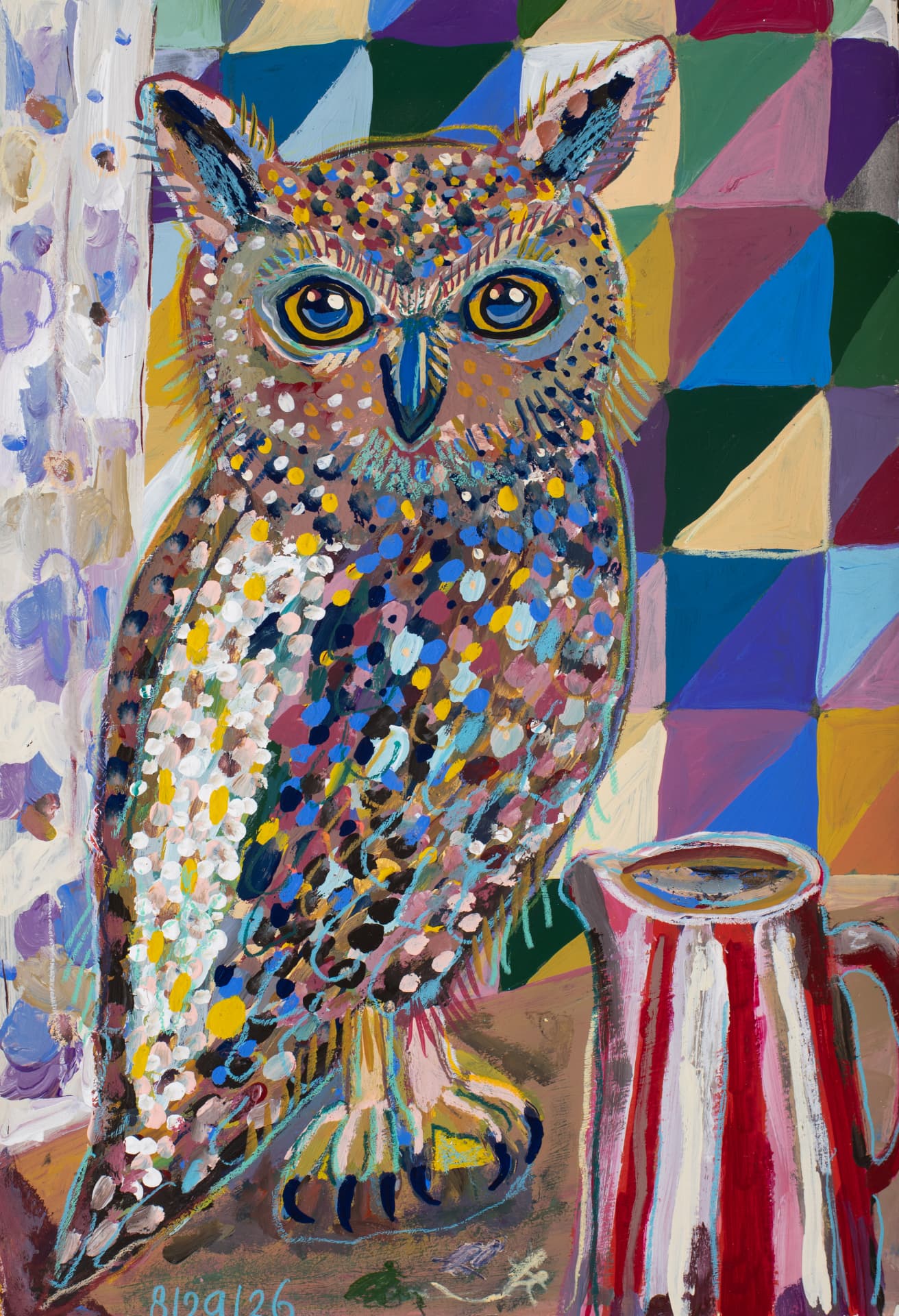 Owl with Striped Jug, original gouache owl art by Karin Winter.