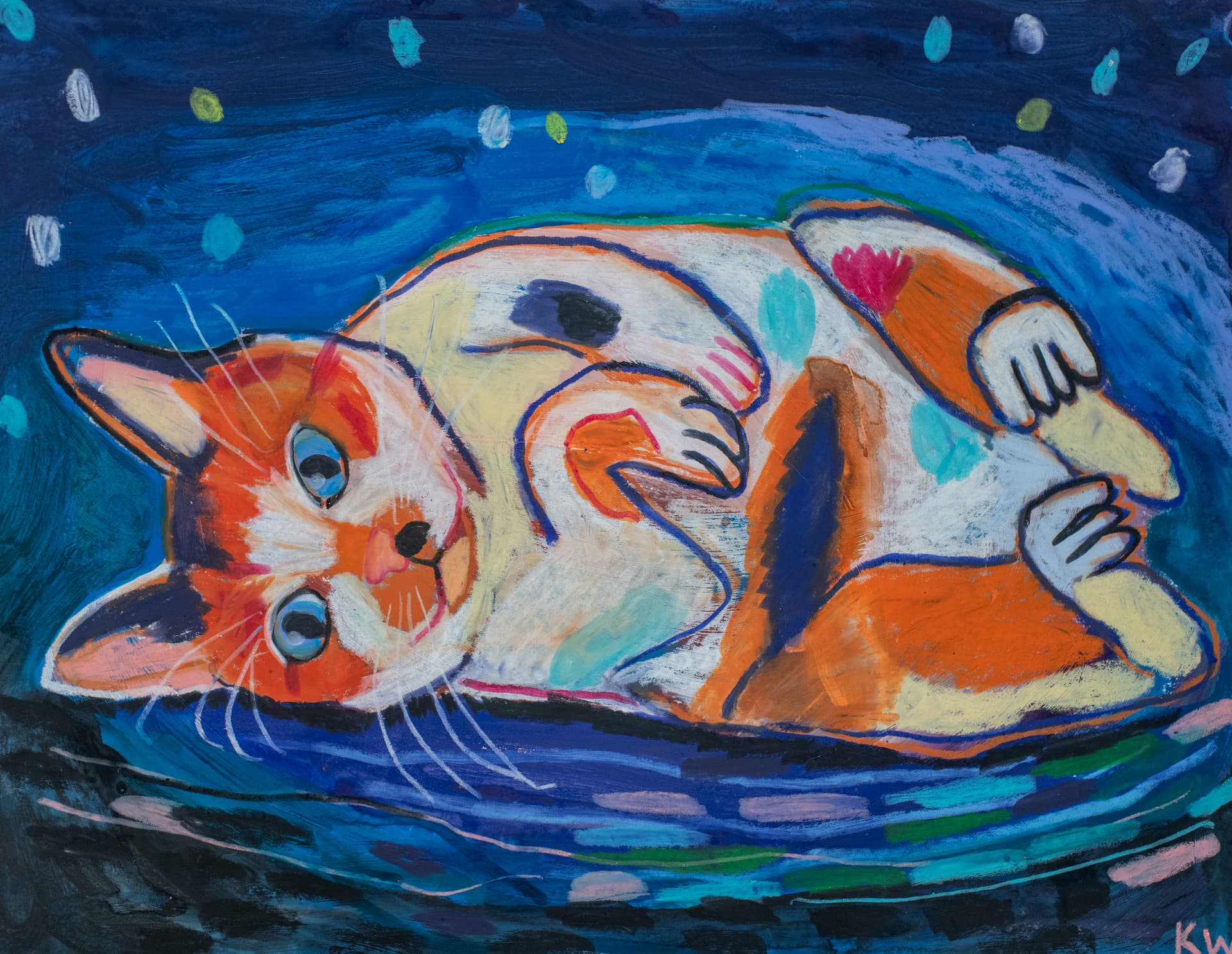 Roly-Poly Rudy, original oil pastel cat art by Karin Winter.