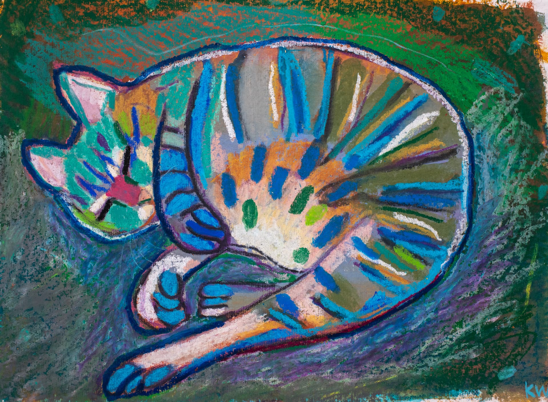 Dreamy Dexter, original oil pastel cat art by Karin Winter.