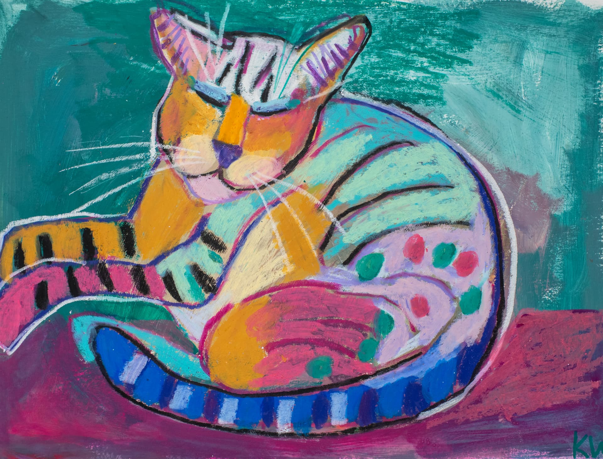 Napping Ned, original oil pastel cat art by Karin Winter.