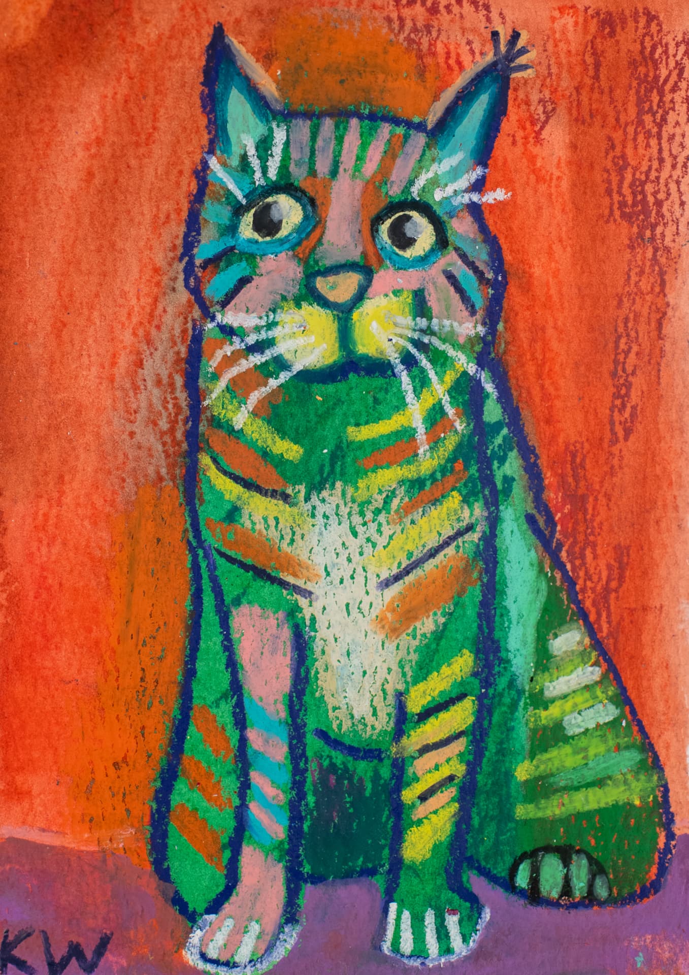Lime Lionel, original 4 x 6 inch oil pastel cat painting by Karin Winter.