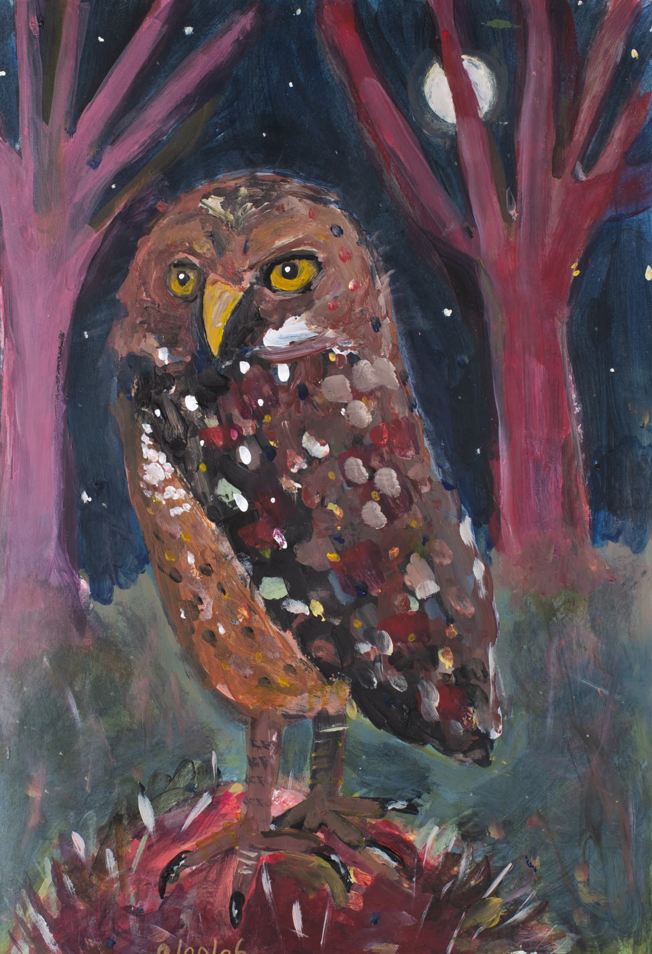 Owl with Moon and Trees, original acrylic owl art by Karin Winter.