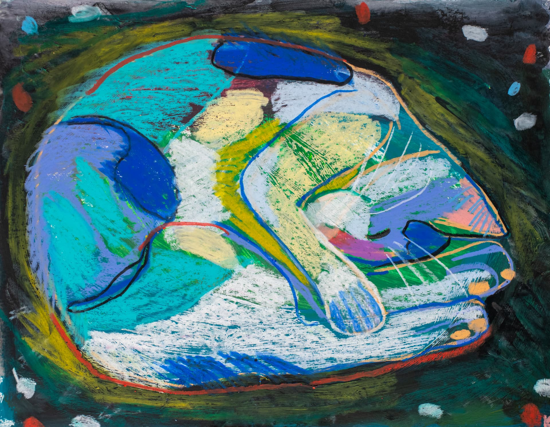 Curled-Up Cooper, original oil pastel cat art by Karin Winter.