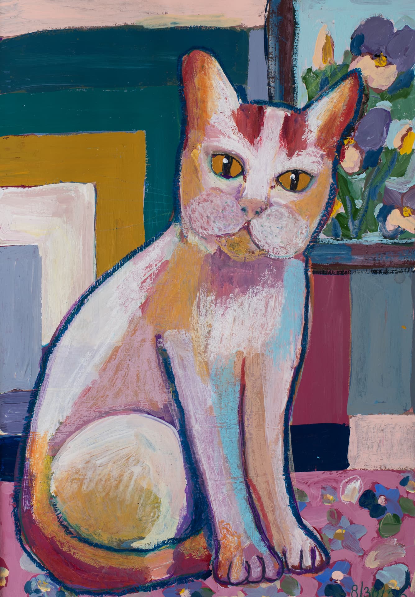 White and orange gouache cat seated against colorful geometric shapes.