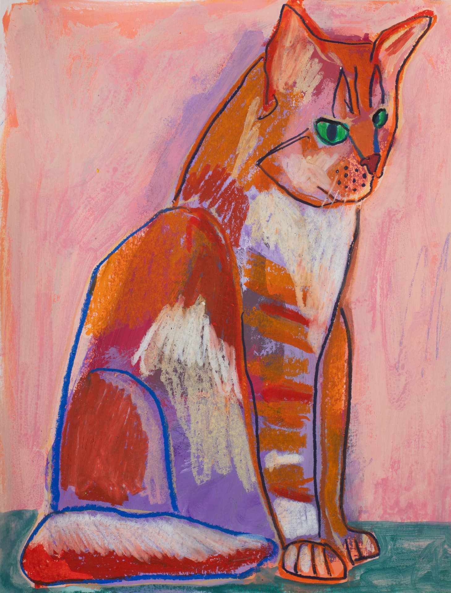 Ginger oil pastel cat in profile looking forward, painted in warm oranges.