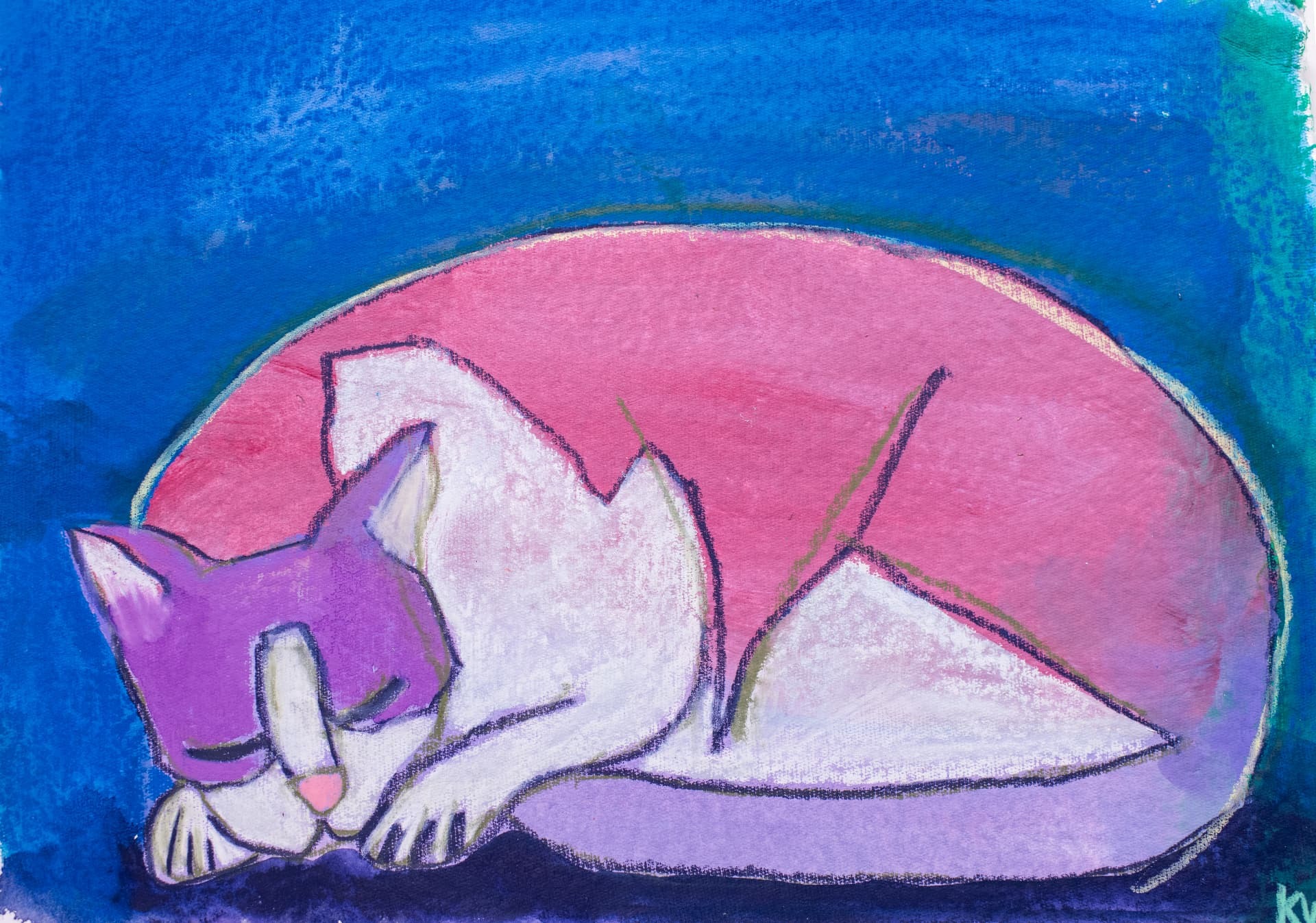 Pink-Pillow Lucy, original oil pastel cat art by Karin Winter.