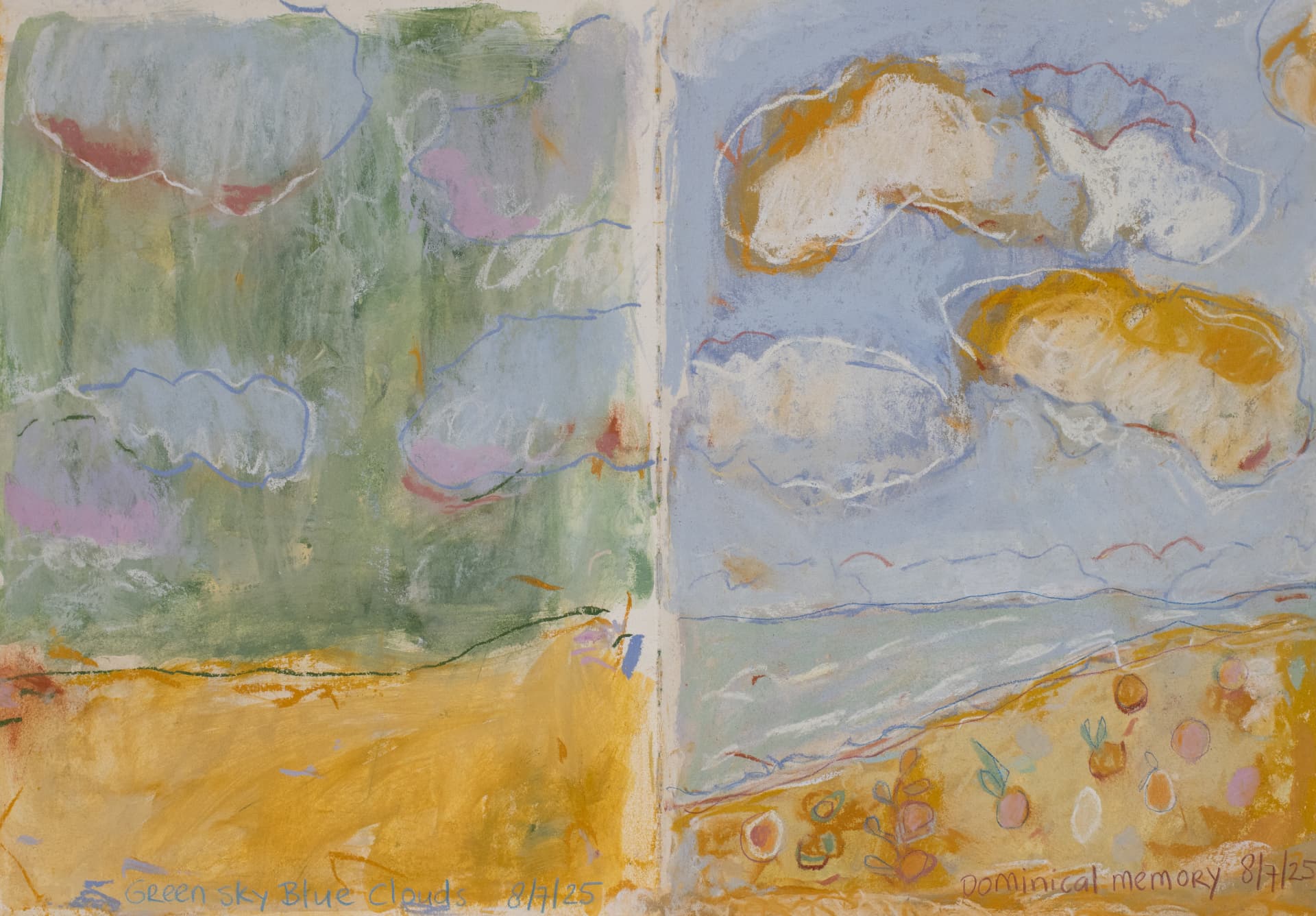 Green Sky Blue Clouds 8/7/25 Dominical by Memory, original travel sketch art by Karin Winter.