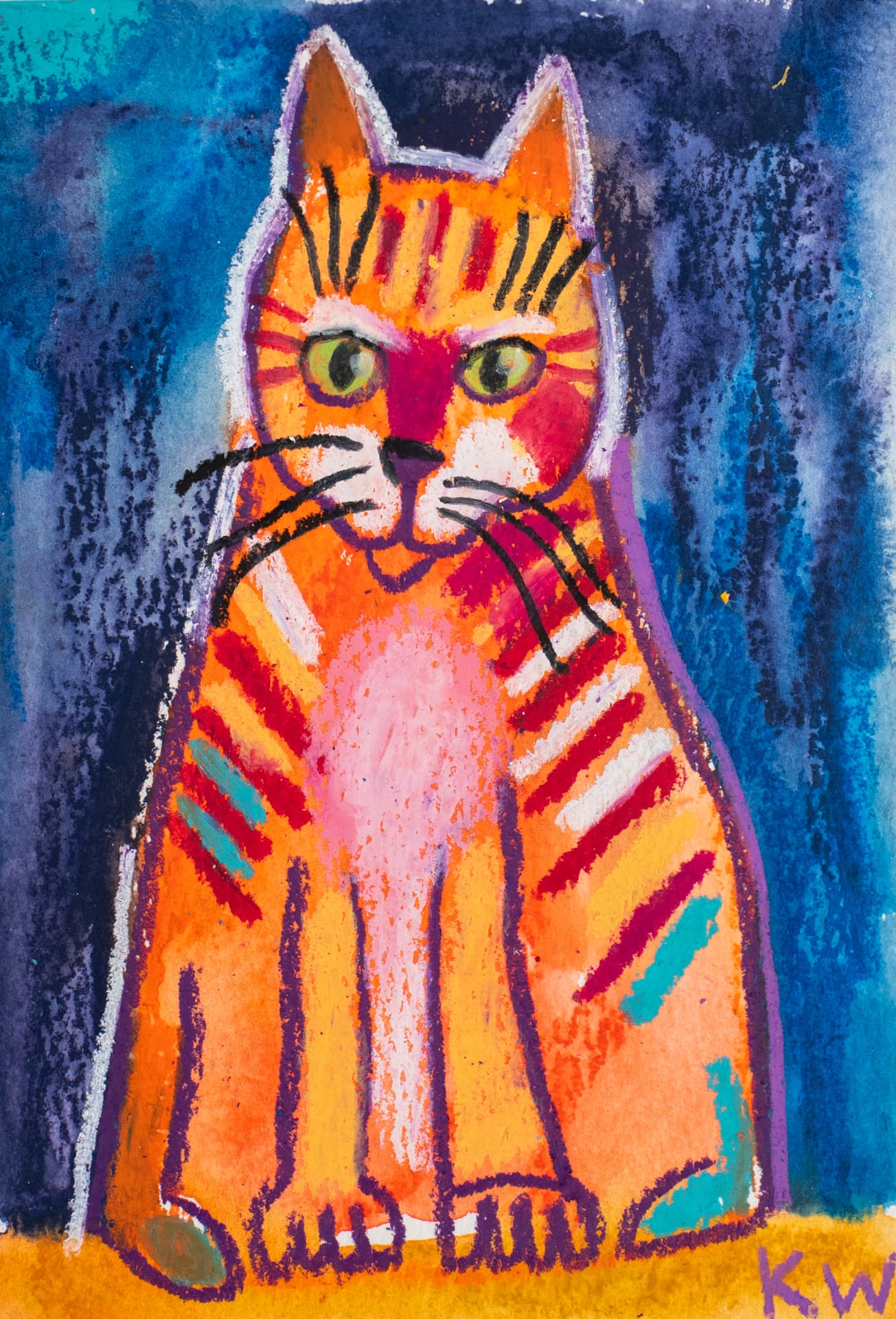 Grumbly Gordon, original 4 x 6 inch oil pastel cat painting by Karin Winter.
