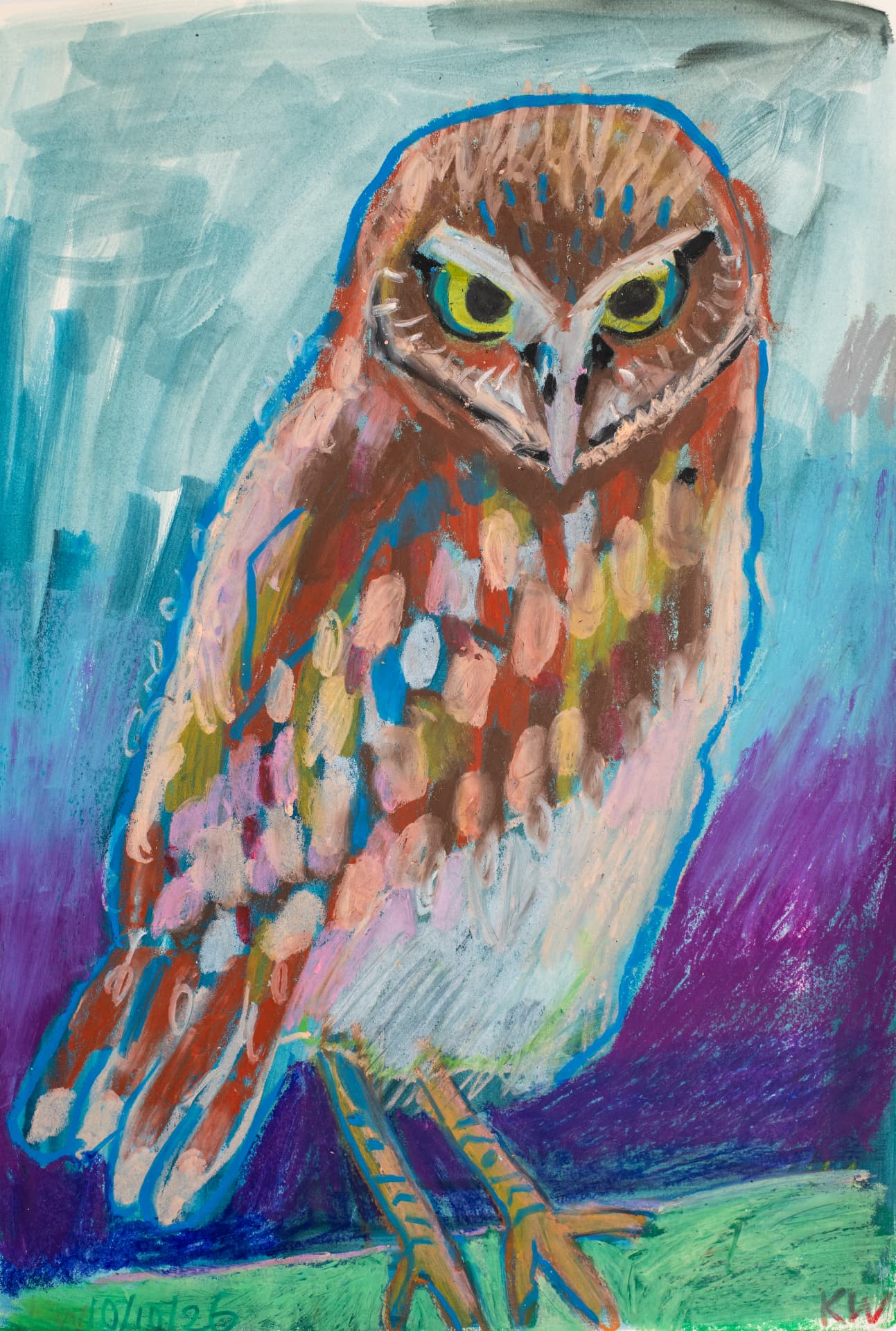 Little Grump, original oil pastel and mixed media bird sketchbook page by Karin Winter.