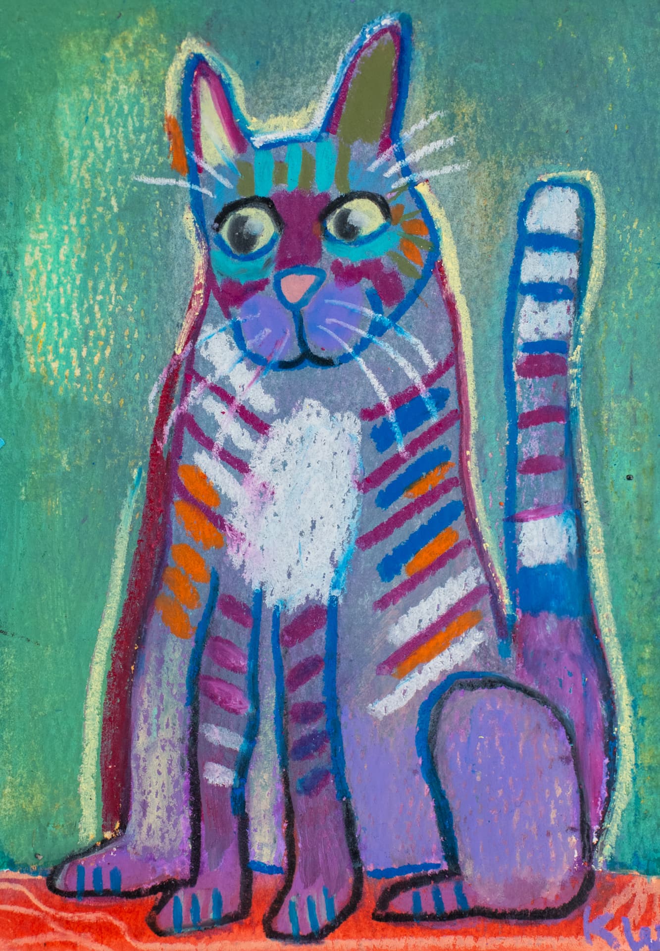 Startled Stanley, original 4 x 6 inch oil pastel cat painting by Karin Winter.