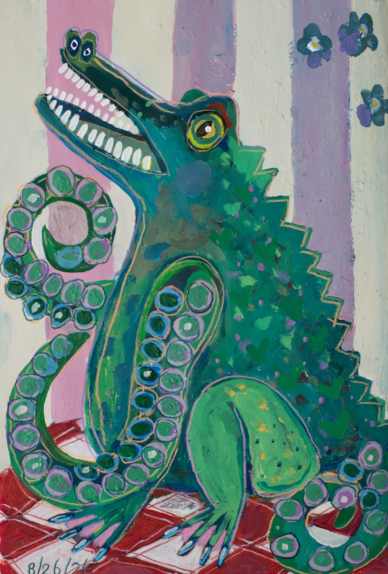 Green Lizard with Suckers, original creature art by Karin Winter.