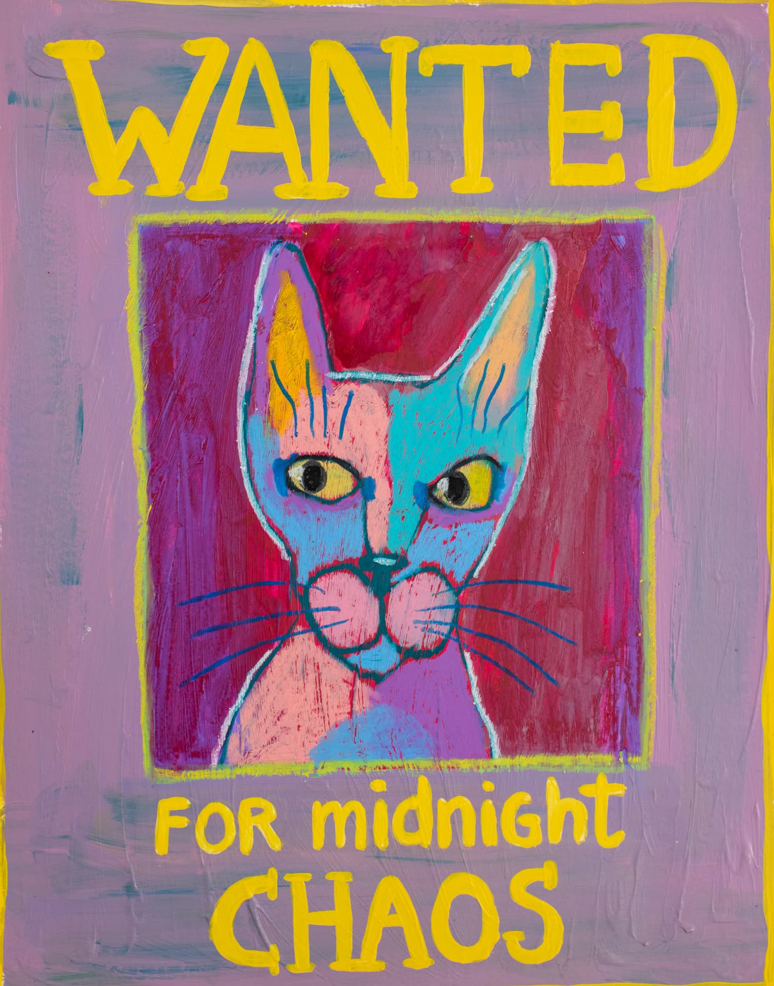 Midnight Chaos Milo, original oil pastel cat art by Karin Winter.
