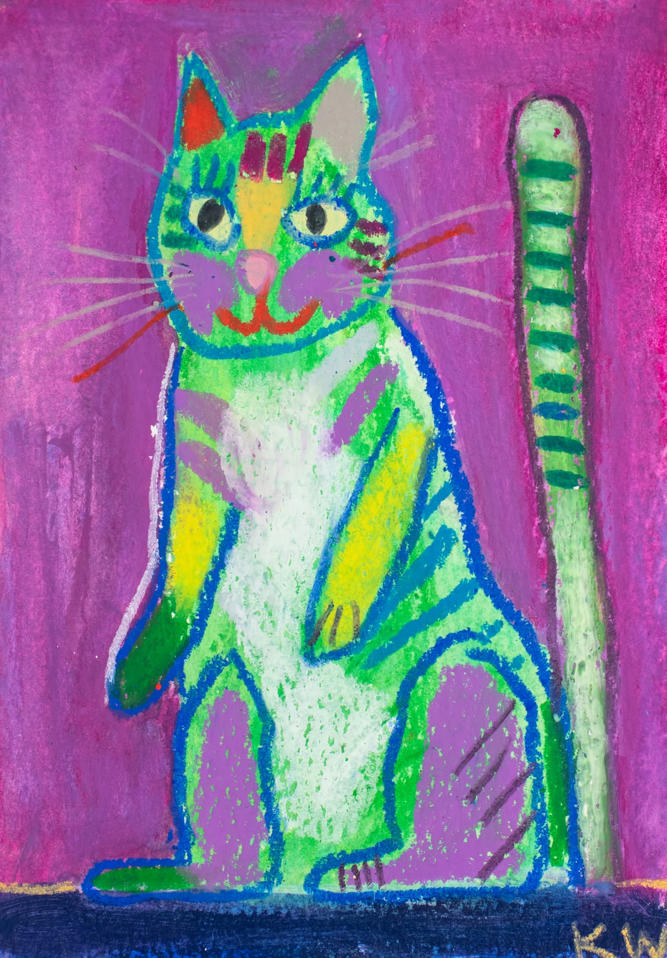 Waving Wanda, original 4 x 6 inch oil pastel cat painting by Karin Winter.