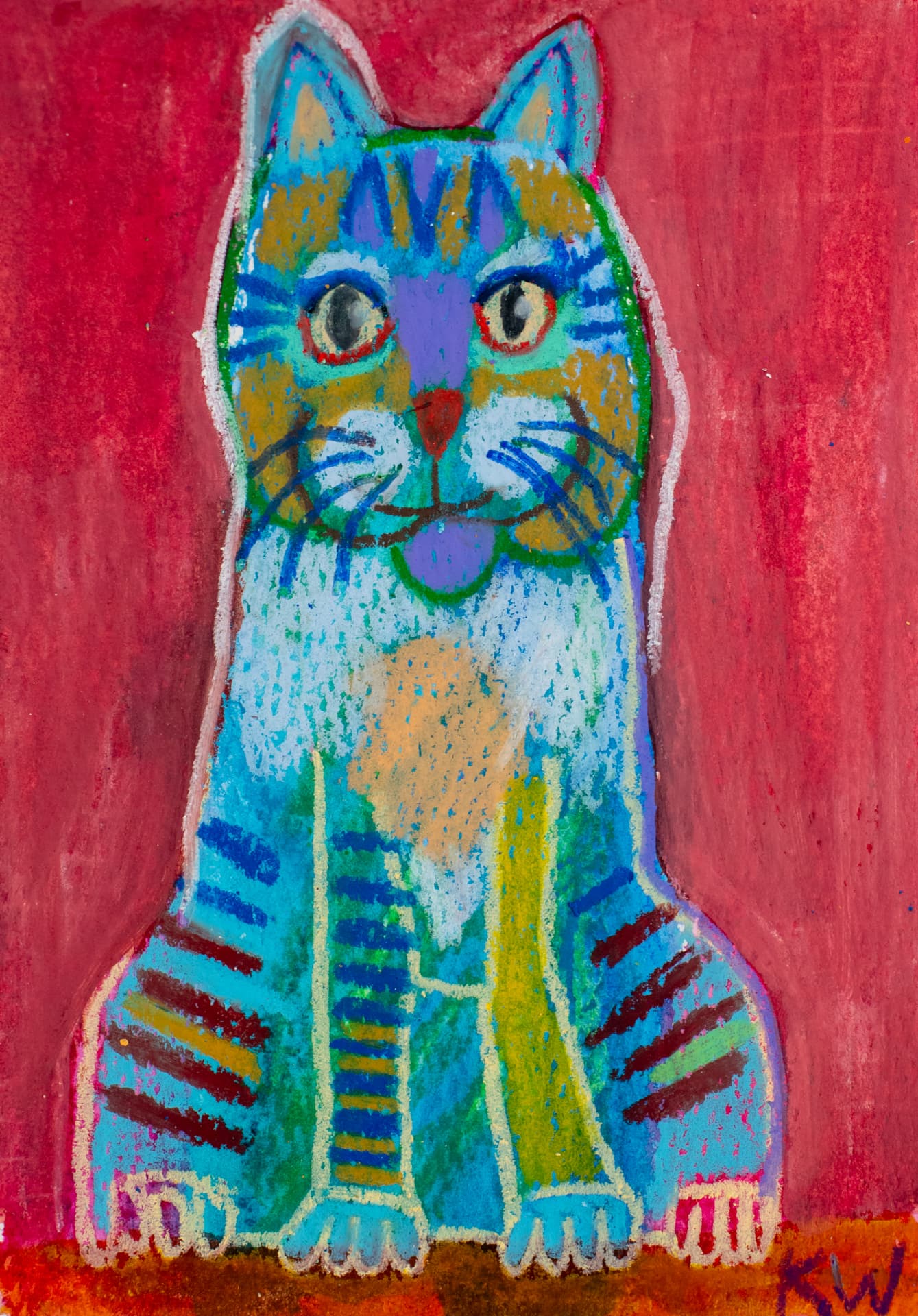 Cheeky Chester, original 4 x 6 inch oil pastel cat painting by Karin Winter.