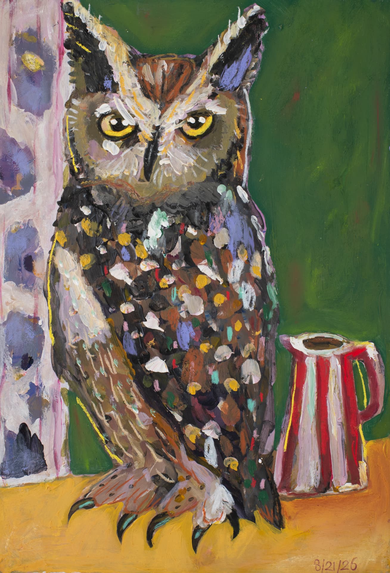 Horned Owl with Striped Jug, original acrylic owl art by Karin Winter.