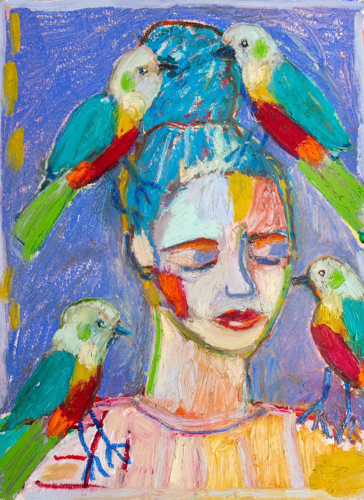 Parakeet Crown, large original oil pastel portrait painting by Karin Winter.