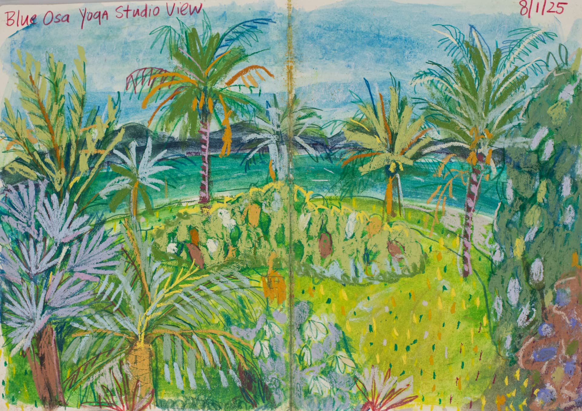 Blue Osa Yoga Studio View 8/1/25, original travel sketch art by Karin Winter.