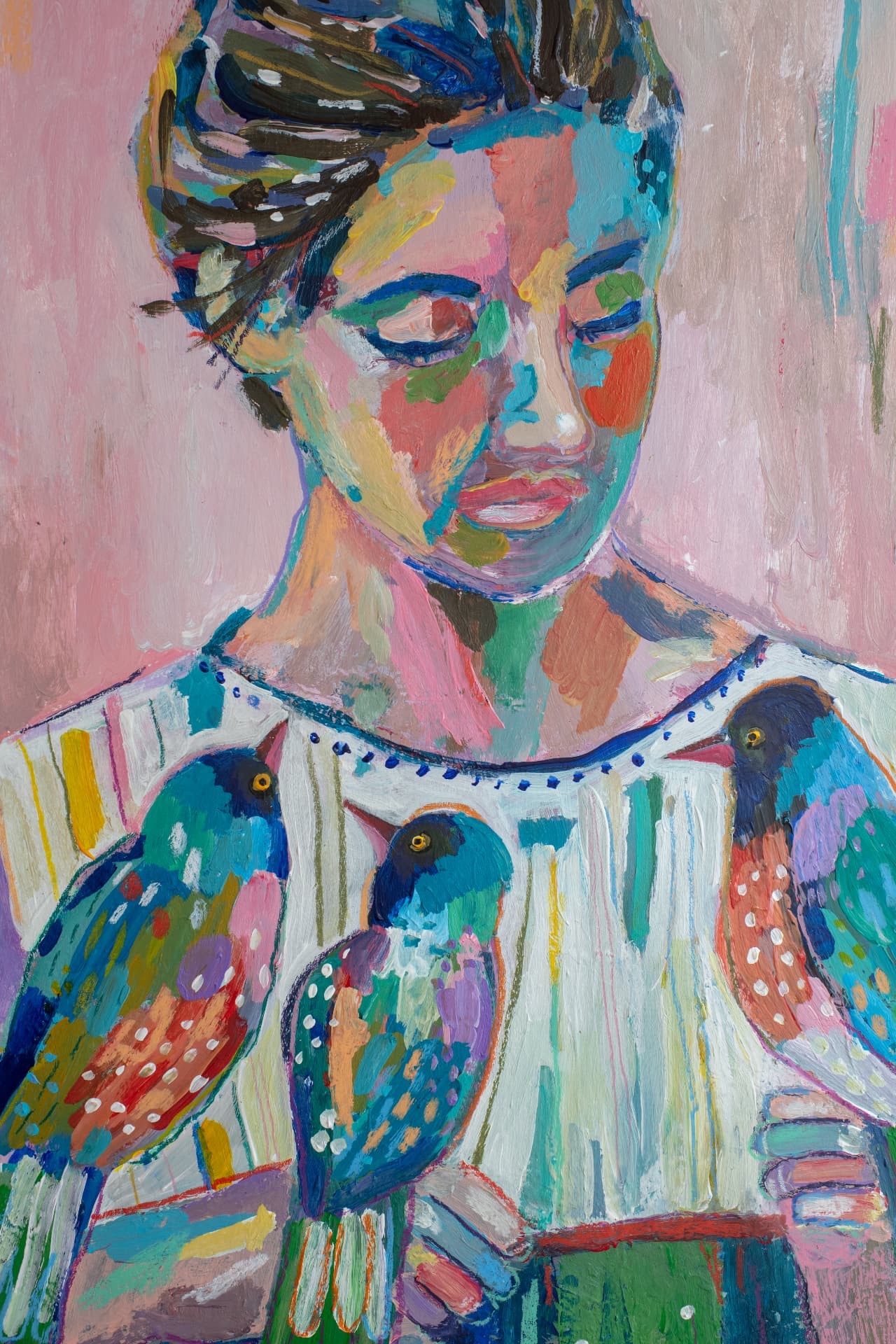 Acrylic portrait of a woman looking down, with three colorful birds perched on her white blouse against a pink background.