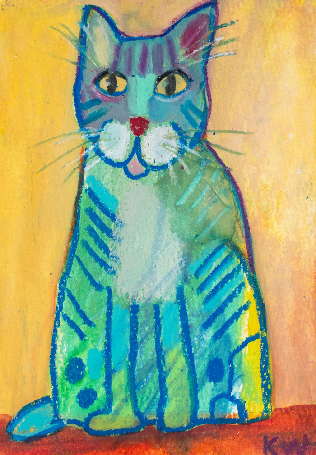 Minty Murphy, original 4 x 6 inch oil pastel cat painting by Karin Winter.