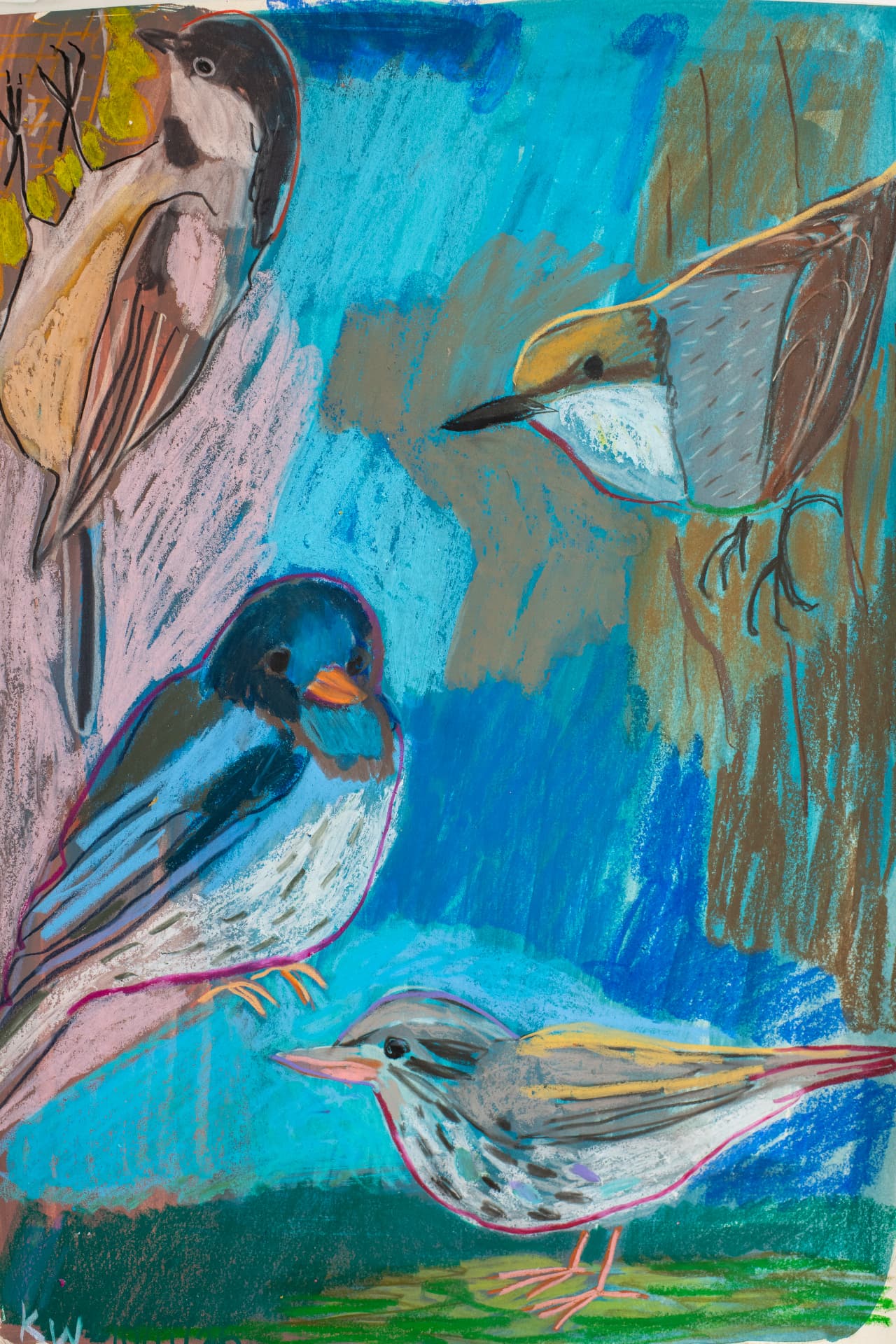 Four on the Branch, original oil pastel and mixed media bird sketchbook page by Karin Winter.