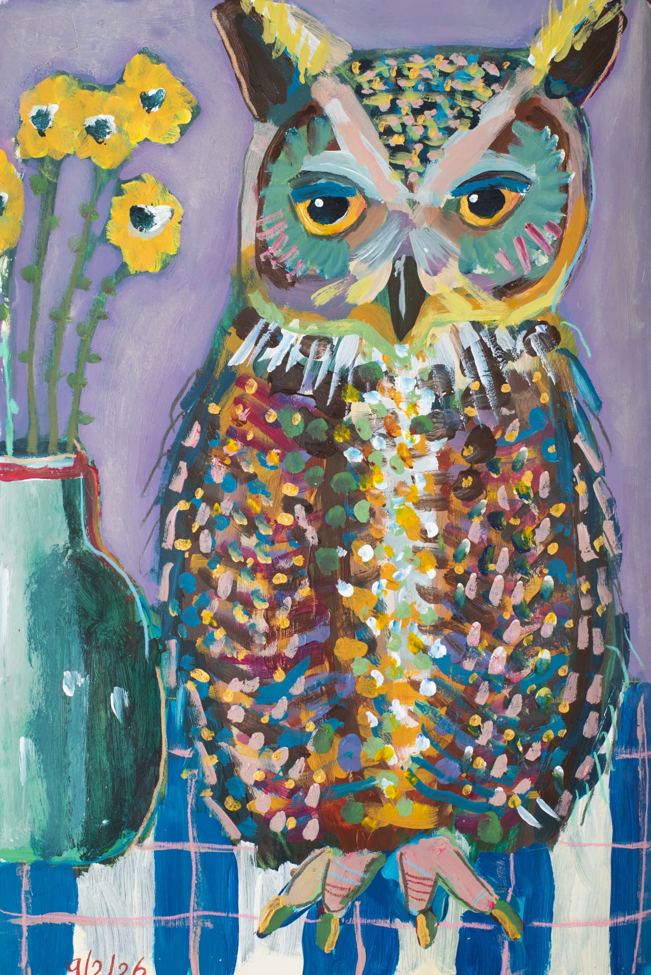 Speckled Owl with Vase, original acrylic owl art by Karin Winter.