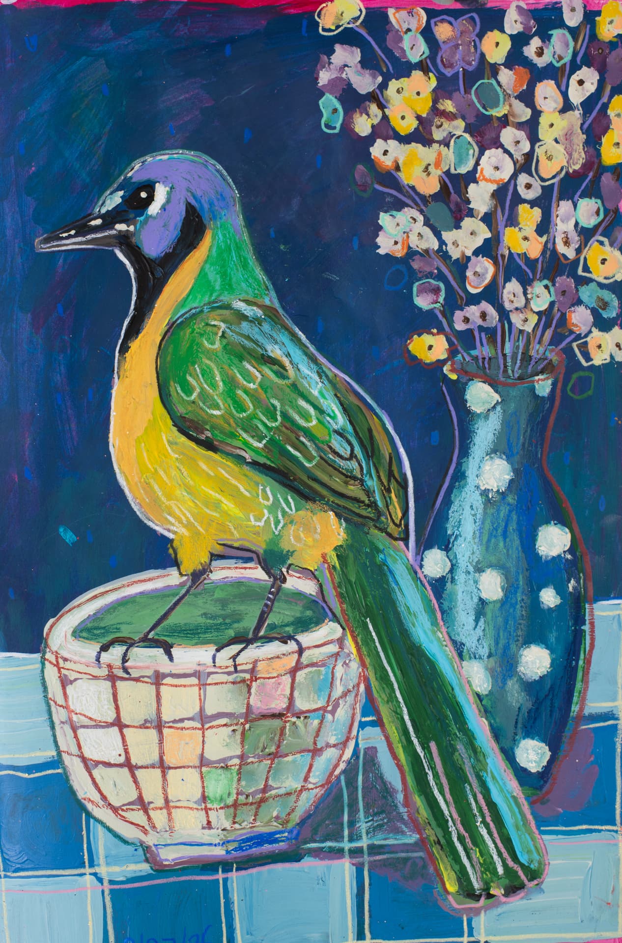 Green Bird with Flowers and Bowl, original acrylic bird art by Karin Winter.