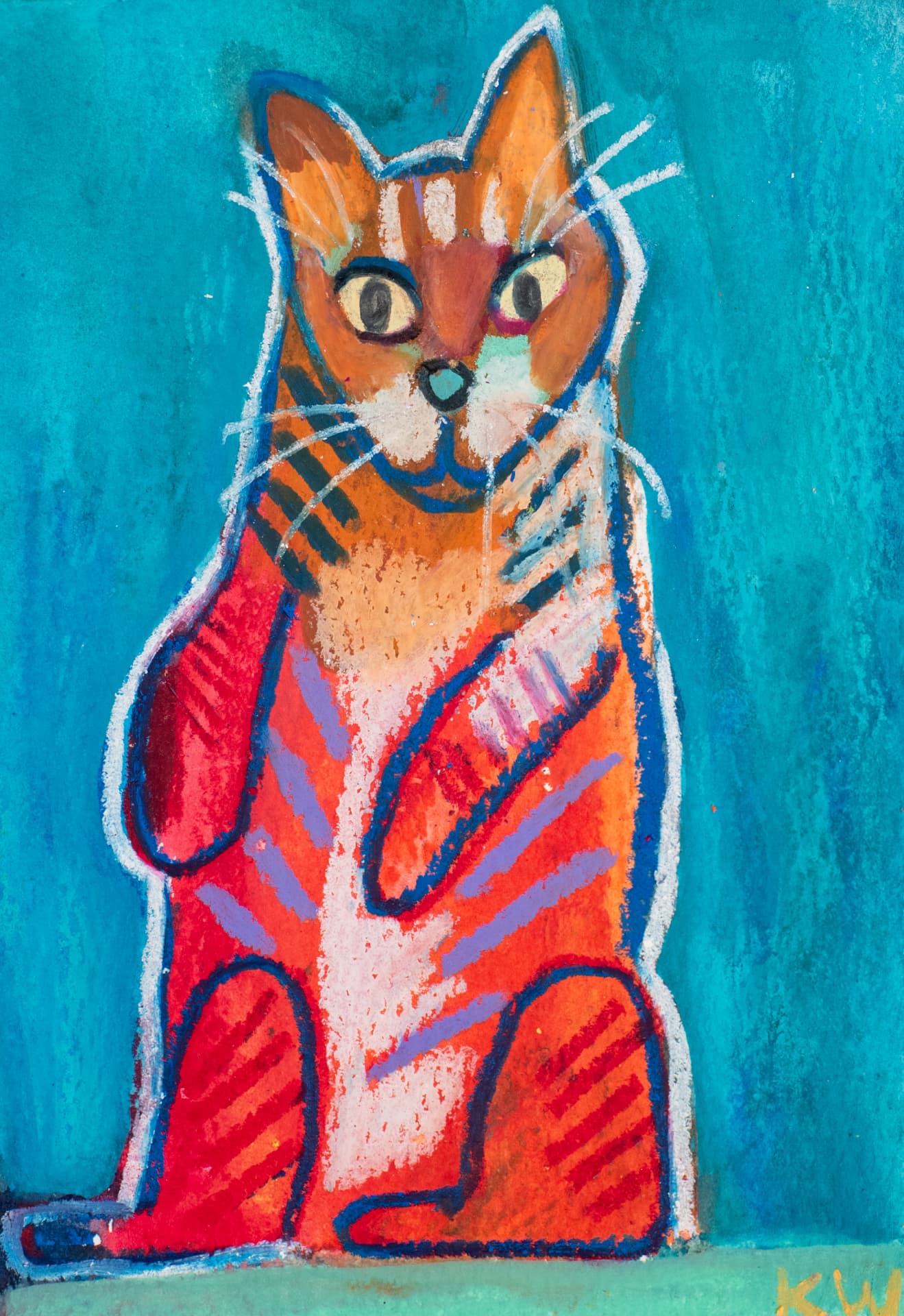 Paws-Up Pablo, original 4 x 6 inch oil pastel cat painting by Karin Winter.