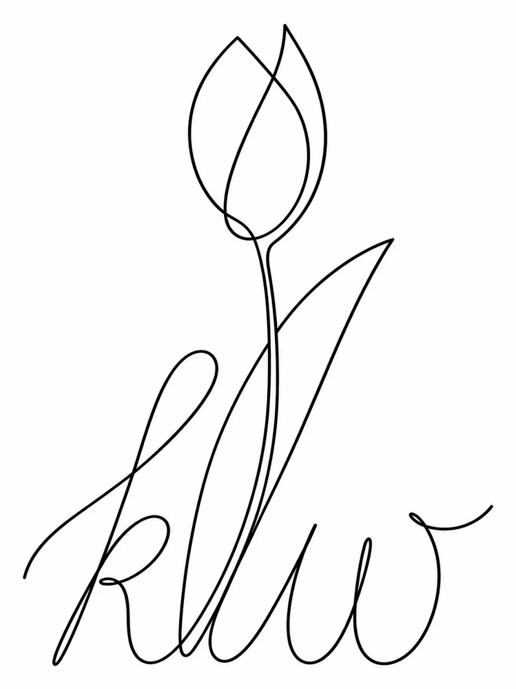 Karin Winter studio mark: a tulip drawn in one line rising from the letters kw