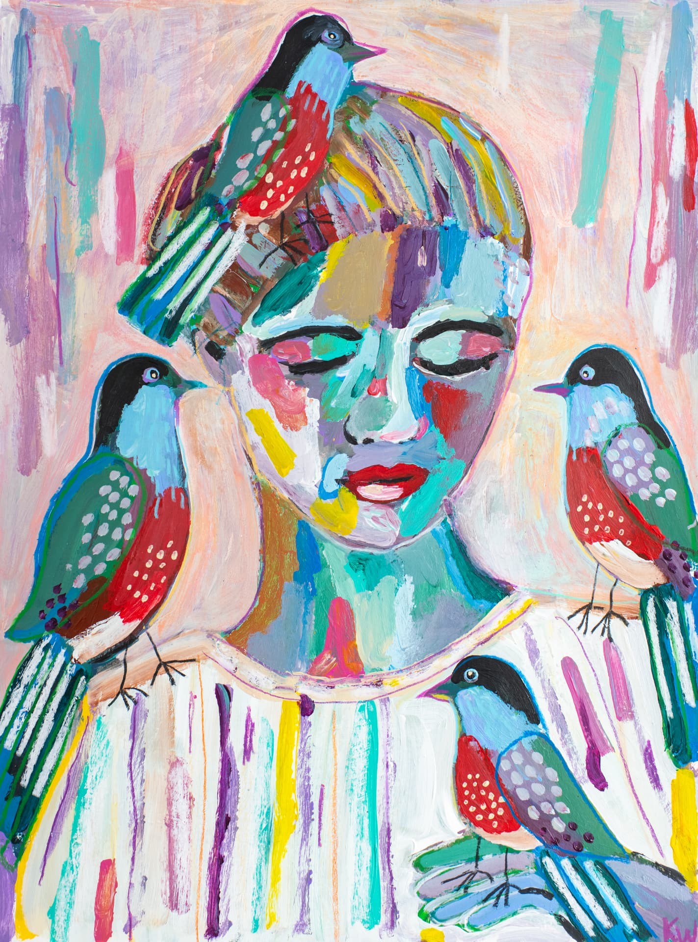 Robin Gathering, large original acrylic portrait painting by Karin Winter.