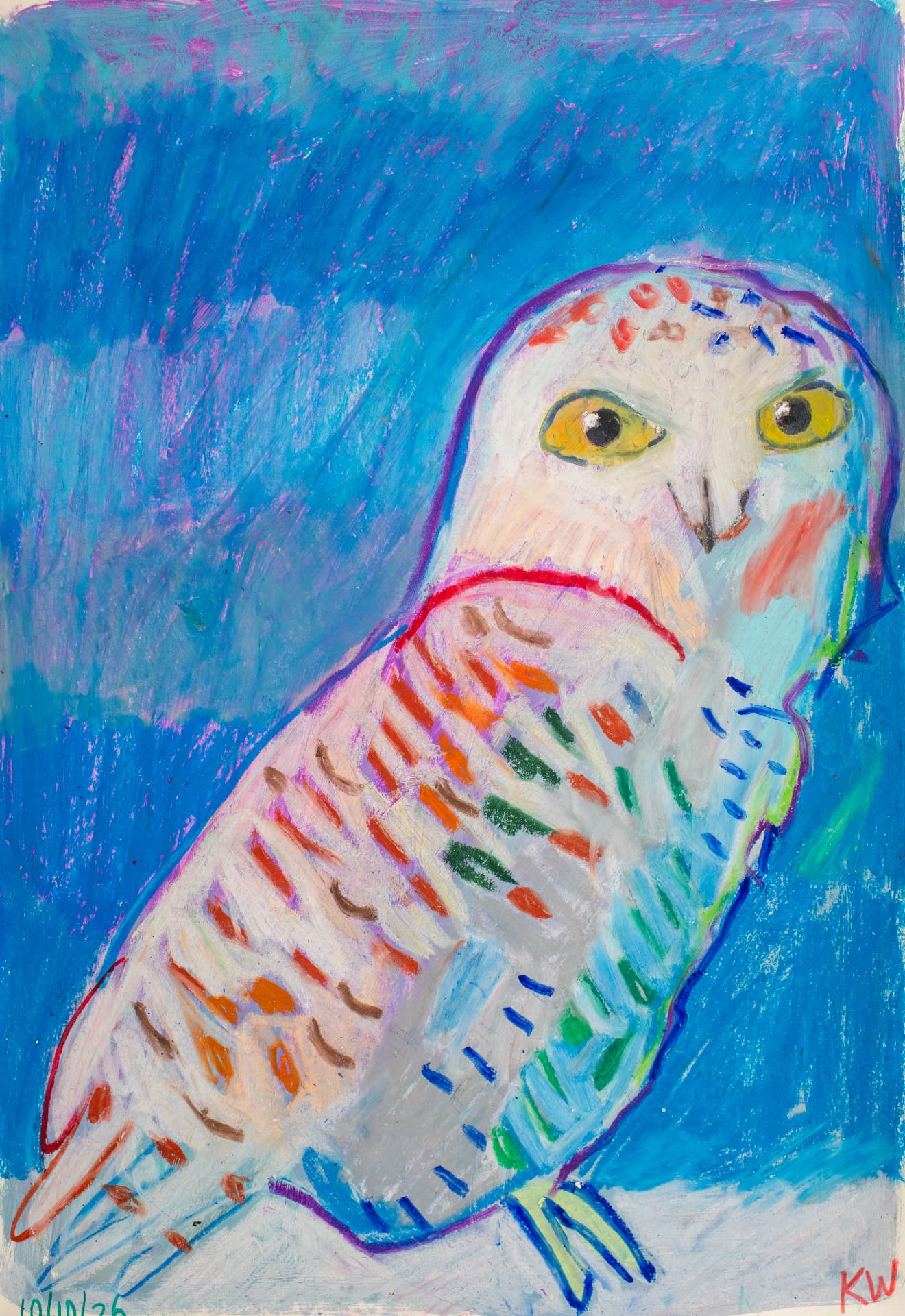 Snowy Stare, original oil pastel and mixed media bird sketchbook page by Karin Winter.