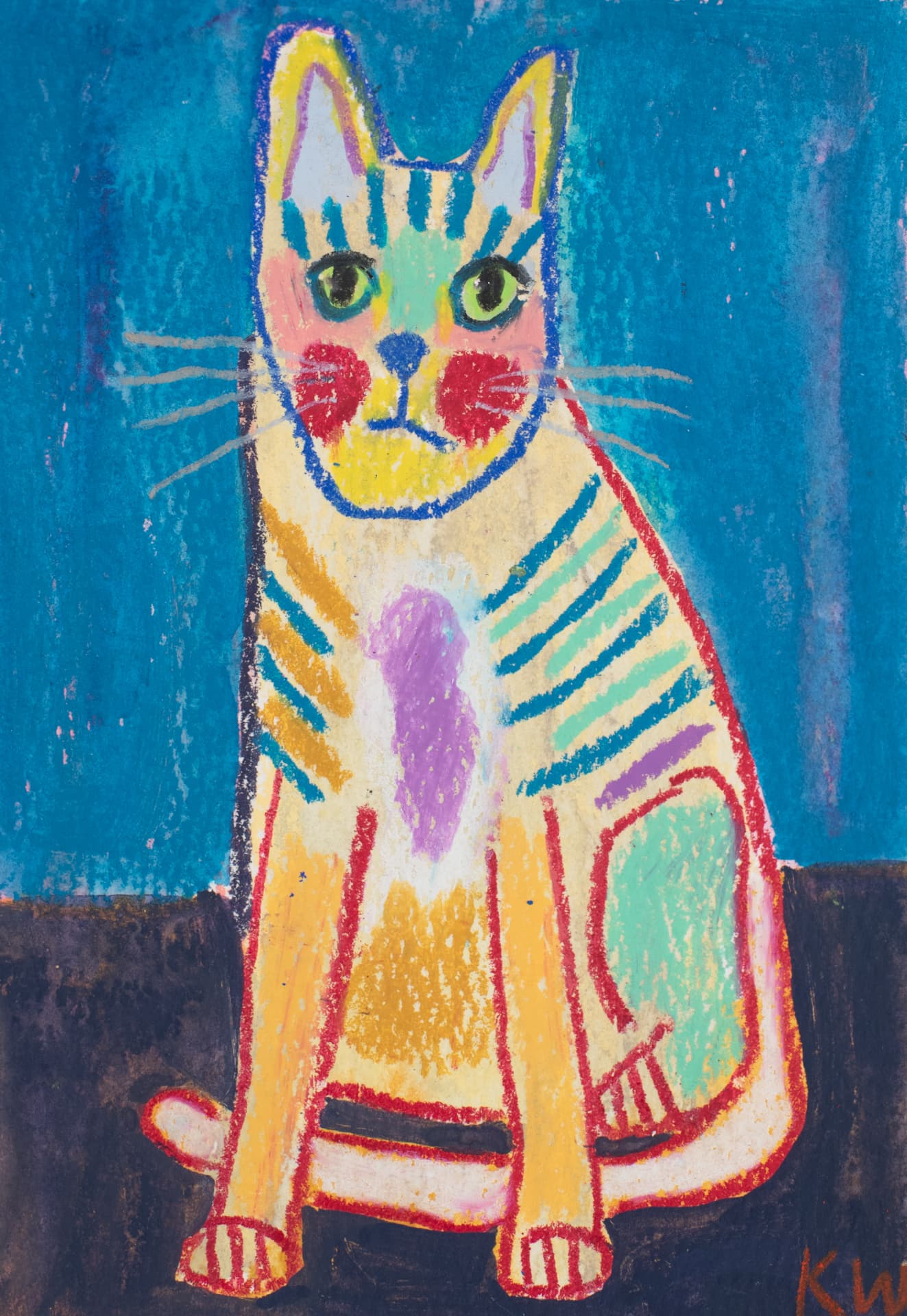 Rosy-Cheeked Ruby, original 4 x 6 inch oil pastel cat painting by Karin Winter.
