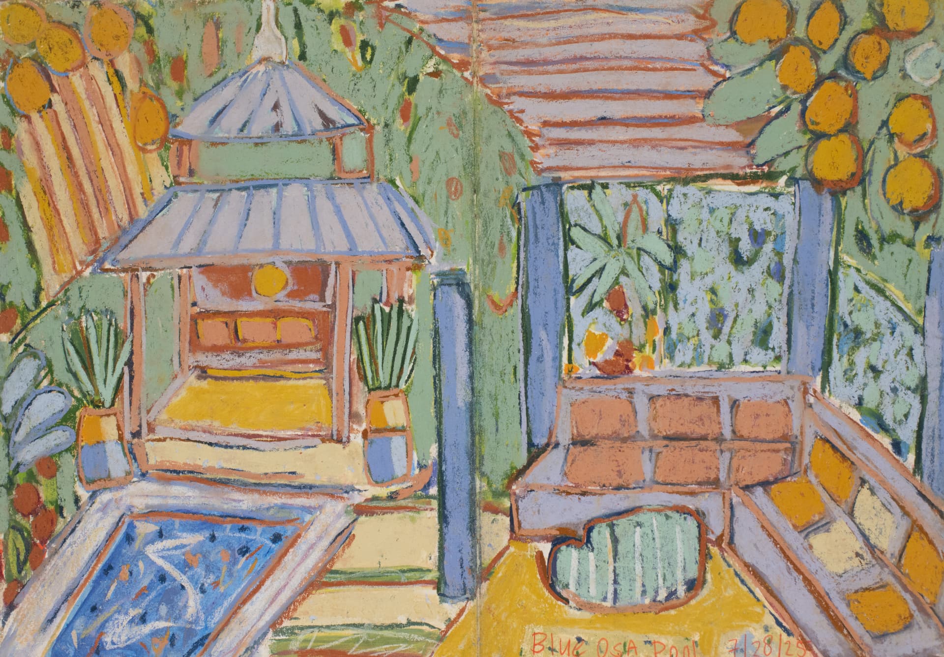 Blue Osa Pool 7/28/25, original travel sketch art by Karin Winter.
